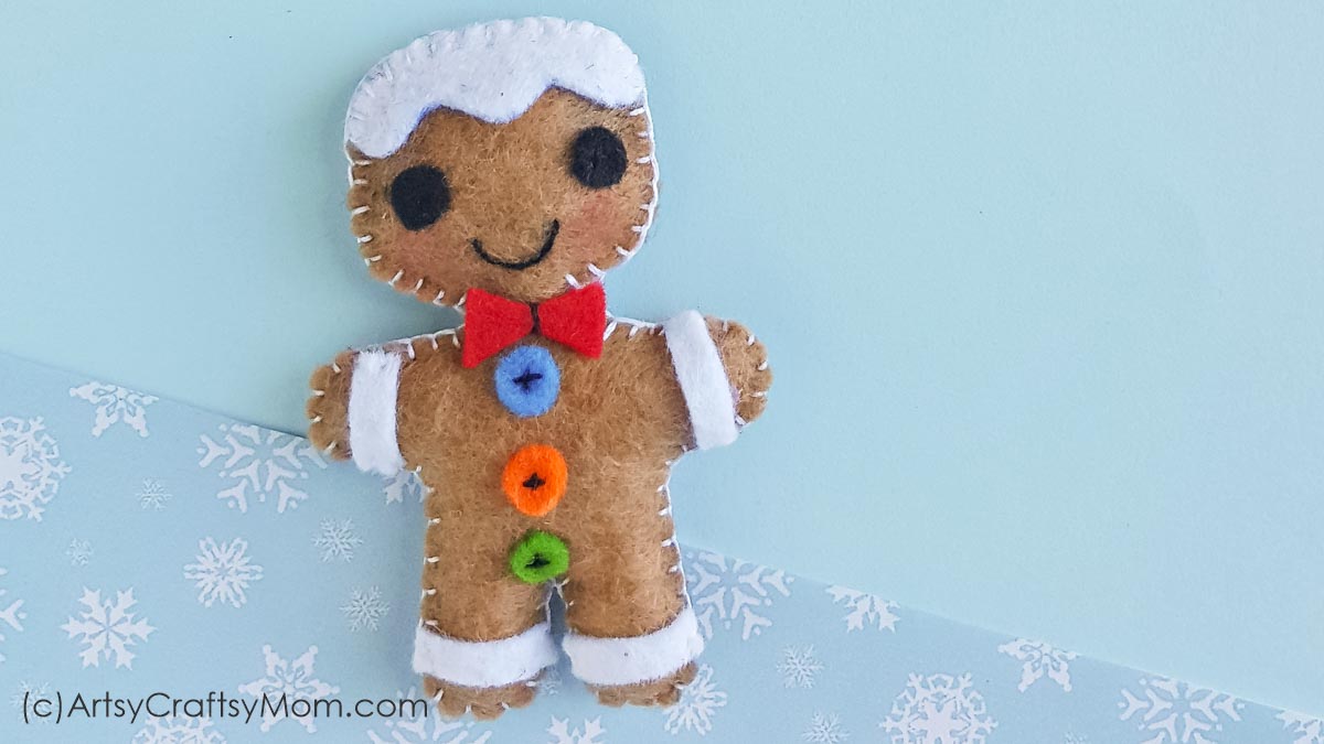 Dark Brown Gingerbread Man with Red Bow Tie Felt Ornament