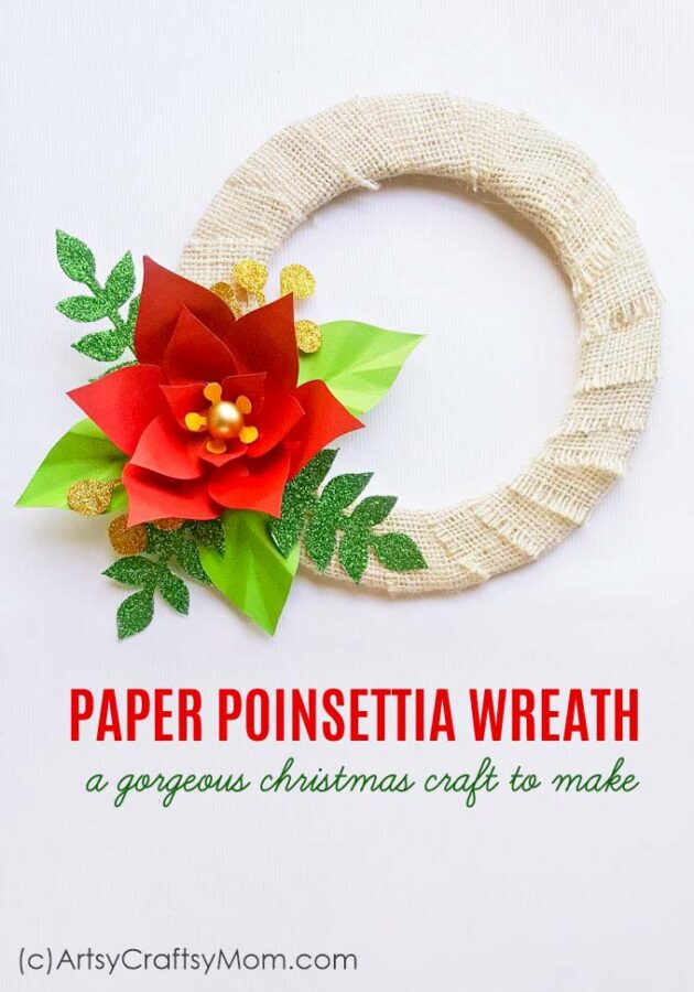 Make this Paper Poinsettia Wreath Craft to pretty up your front door this holiday season - with a little bit of rustic flavor and a little bit of glitter!
