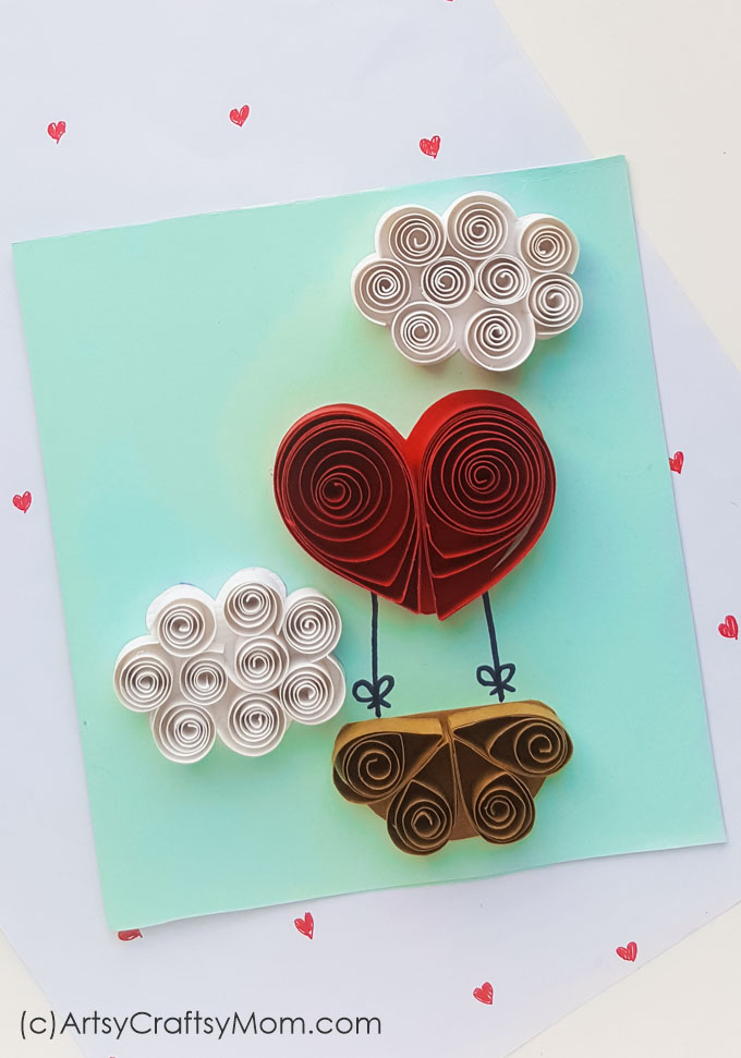 Love is literally in the air with this cute Quilled Paper Valentine Heart Balloon Card! With clouds & a heart shaped balloon, this is great for a classroom.