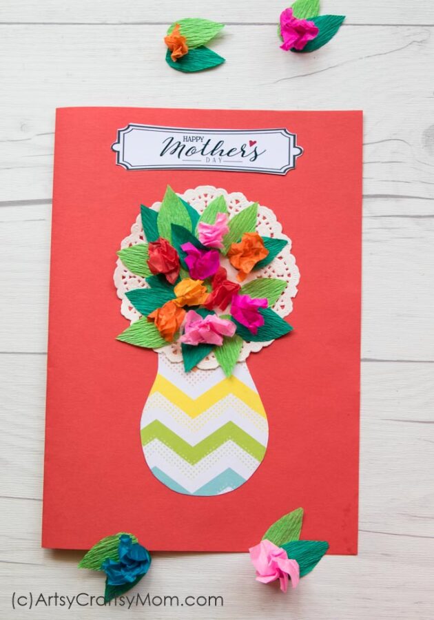 Use craft paper in different colors to make this crumpled Paper Flower Mother's Day Card for Mom! Perfect project for preschoolers and kindergarteners!