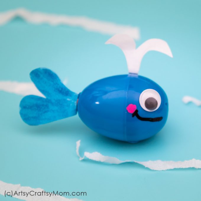 This recycled plastic egg whale craft is the perfect example of turning trash into treasure! Reuse empty plastic eggs and paper scraps to make this craft.