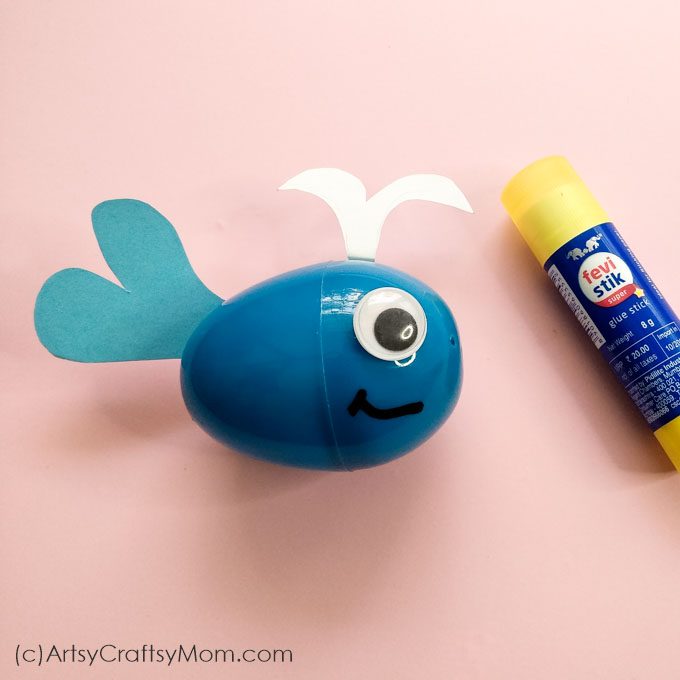 This recycled plastic egg whale craft is the perfect example of turning trash into treasure! Reuse empty plastic eggs and paper scraps to make this craft.
