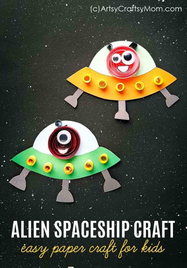 This cute paper alien spaceship is just what your little alien friend needs to come visit you!  Made easily with kraft paper and quilling strips.