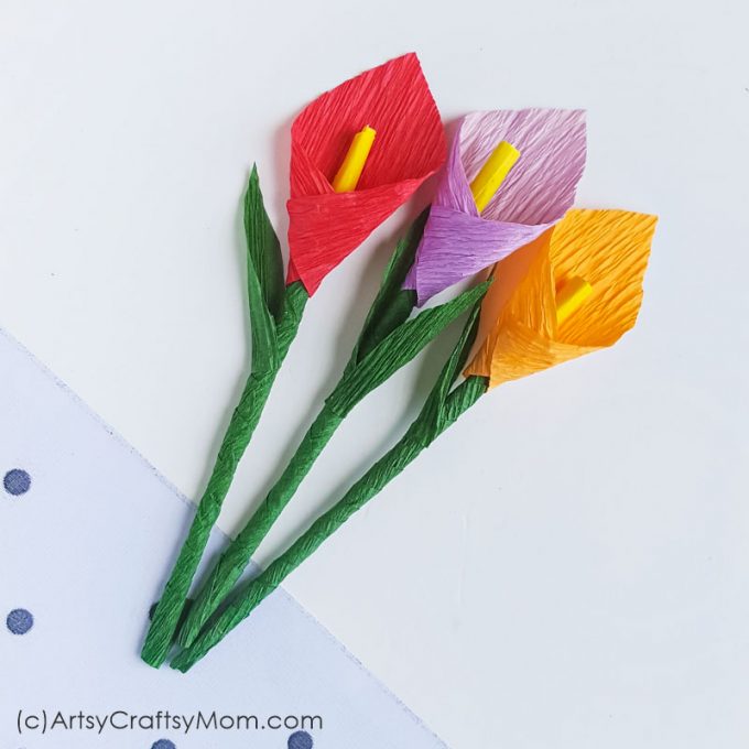 Make your own pretty blooms out of crepe paper with this Crepe Paper Calla Lily Flower Craft! Put them in a vase on your desk or make a bouquet to gift!