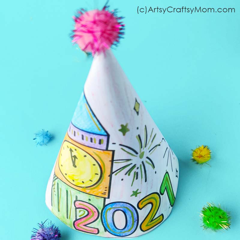 Ring in the New Year with style wearing our Free Printable 2022 New Years Eve Coloring Party Hats for Kids! Print, Color, Cut, Glue & Wear!