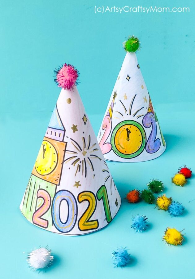 Ring in the New Year with style wearing our printable FREE 2021 New Years Eve Hats for Kids! Print, Color, Cut, Glue & Wear!