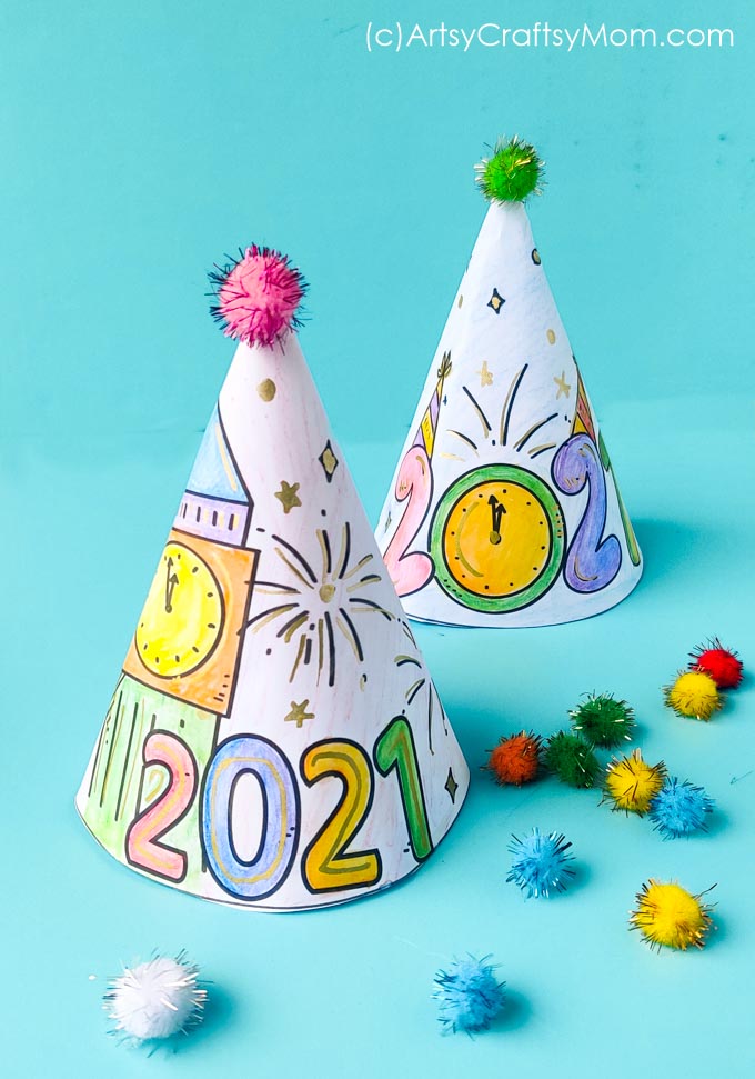 Ring in the New Year with style wearing our printable FREE 2022 New Years Eve Hats for Kids! Print, Color, Cut, Glue & Wear!