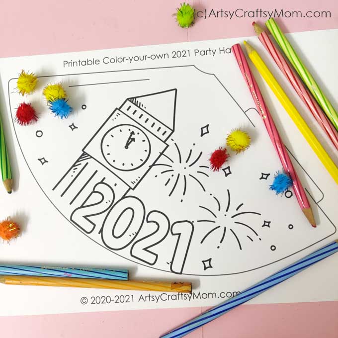 Ring in the New Year with style wearing our Free Printable 2022 New Years Eve Coloring Party Hats for Kids! Print, Color, Cut, Glue & Wear!