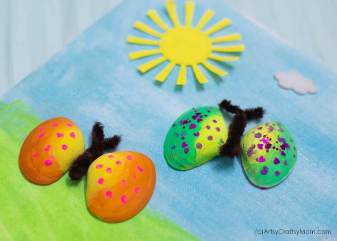 Longing for spring? Get ready with this simple and pretty Seashell Butterfly Craft for kids. All you need are shells, pipe cleaners & basic craft supplies!