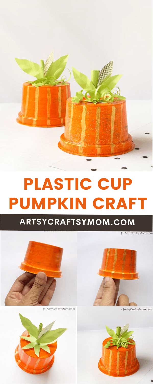 This recycled plastic cup pumpkin craft is super cute and so easy to make! All you need is a plastic cup, paint, paper and you're all set!