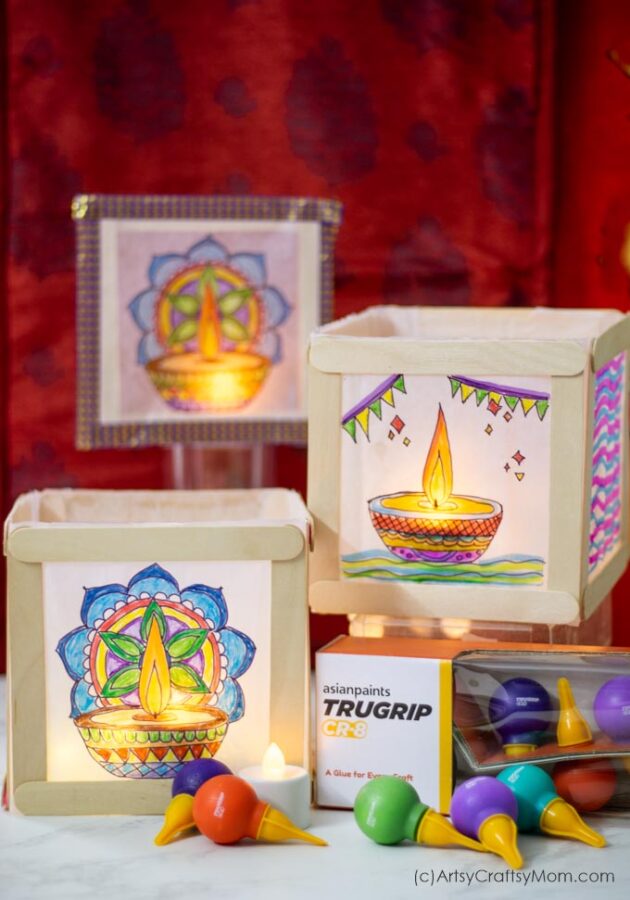 Make Colorful Diwali Popsicle Stick Lanterns or Paper luminaries using wax paper, popsicle sticks, and some beautiful Diya art!