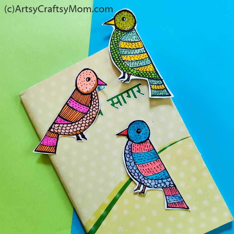 Learn about a traditional art form from Central India with a fun project - DIY Gond Folk Art Parrot Bookmarks! Easy enough for little kids to make themselves!
