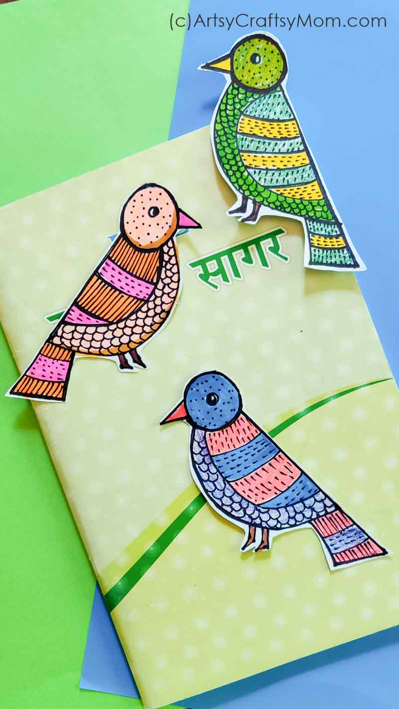 Learn about a traditional art form from Central India with a fun project - DIY Gond Folk Art Parrot Bookmarks! Easy enough for little kids to make themselves!