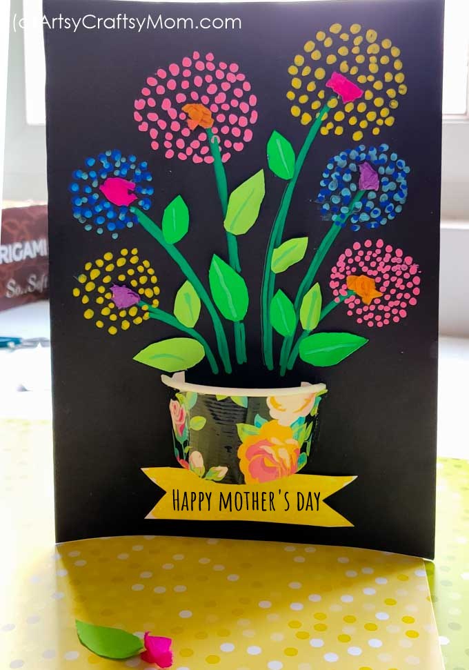 Give Mom this Q-tip Flower Art Mother's Day Card as a lovely surprise! Easy to make and completely unique - perfect for kids of all ages!