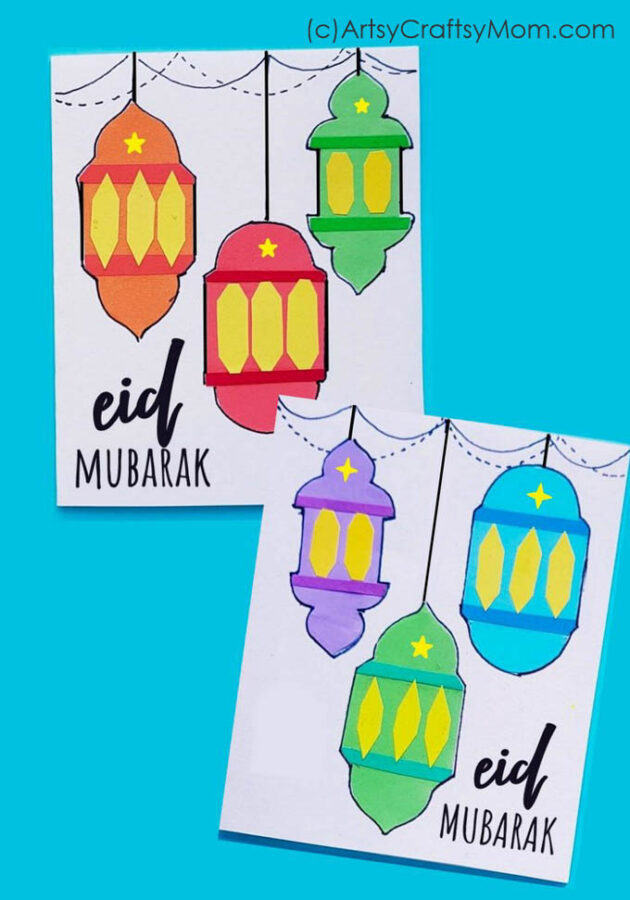 Let this Easy Eid Mubarak Card for kids light up your loved ones' Eid this year! The lantern-themed Eid cards are perfect for Eid 2021 & Ramadan!
