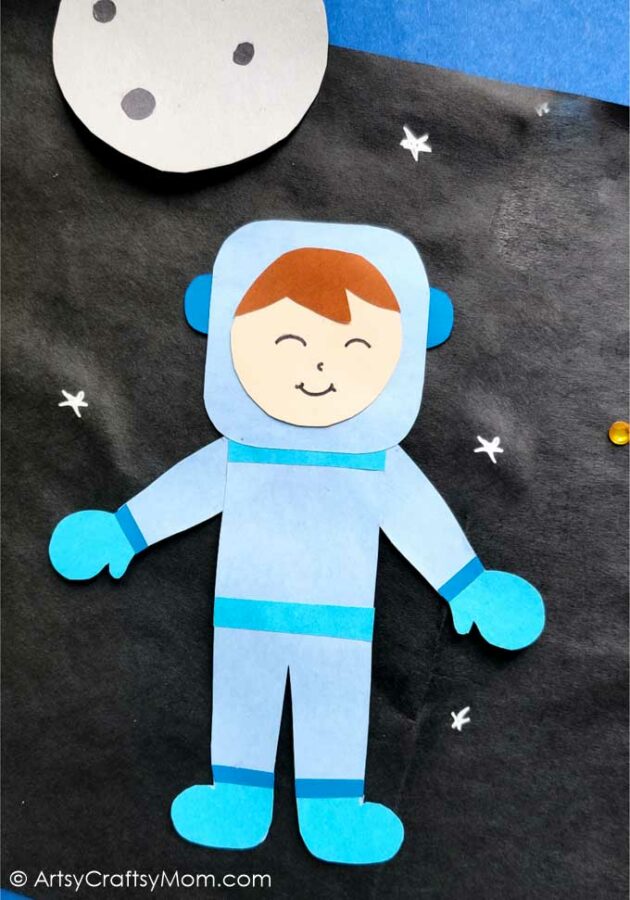 This paper astronaut craft is perfect for your little space fan! All you need is craft sticks & color paper and you're all set to take a trip to outer space!