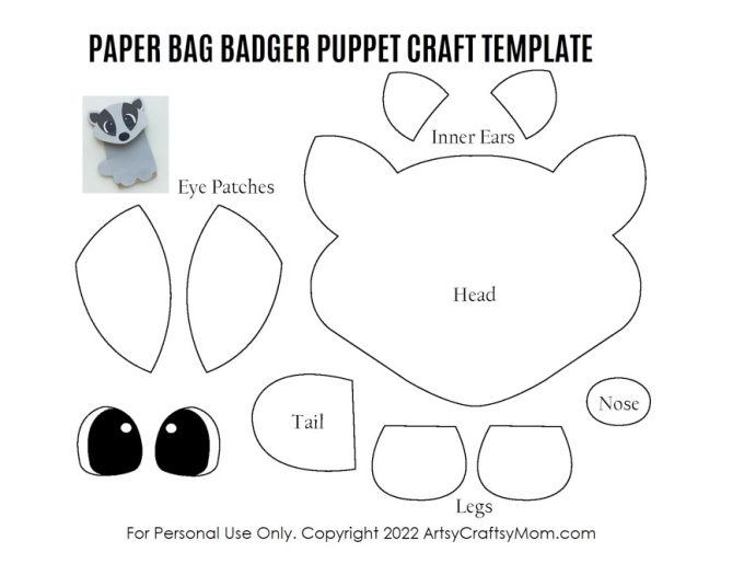Paper Bag Badger Puppet Template 1