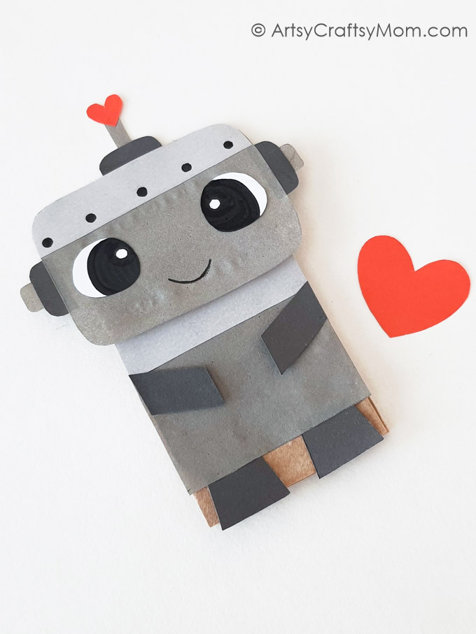 This Paper Bag Love Robot Craft for Kids is the cutest little project to make this Valentine's Day! Perfect for a classroom Valentine celebration!