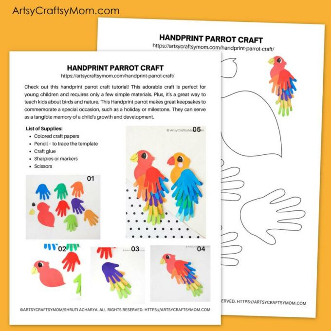 Here's a colorful handprint parrot craft to brighten up your day! Perfect for young kids to use their hands and learn about different colors!
