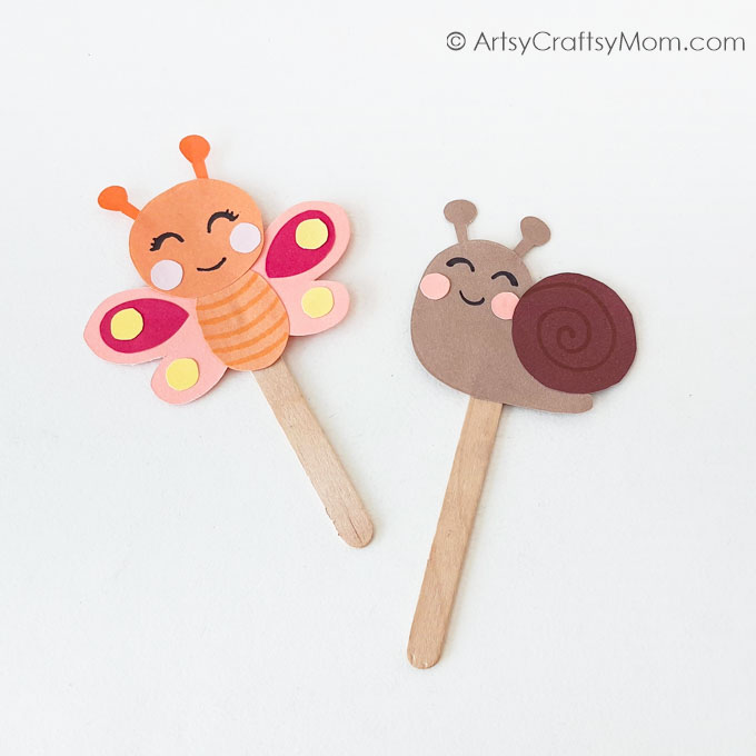 This DIY Papercraft Insect Puppets Craft for Kids is the perfect spring craft for kids! Use it as a bookmark or use them in your own puppet show!