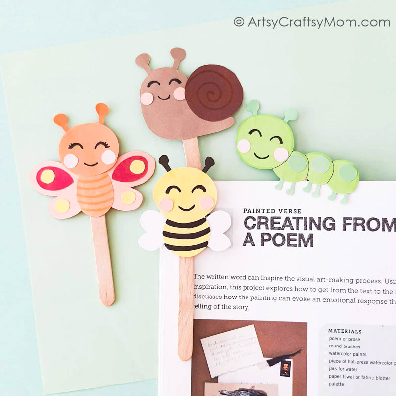 This DIY Papercraft Insect Puppets Craft for Kids is the perfect spring craft for kids! Use it as a bookmark or use them in your own puppet show!