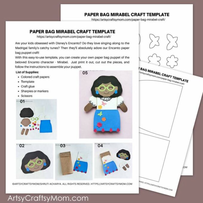 Encanto fans will love this adorable Paper Bag Mirabel Craft! Just download, print and follow the instructions to make this easy peasy project!