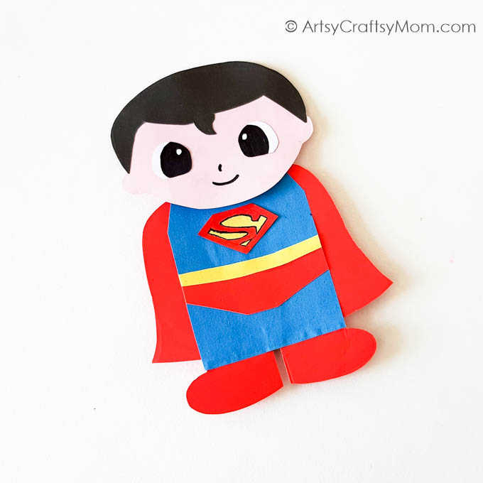 Here's an easy Paper Bag Superman Puppet Craft, perfect for kids to make on Superman Day or for their very own Superman on Father's Day!
