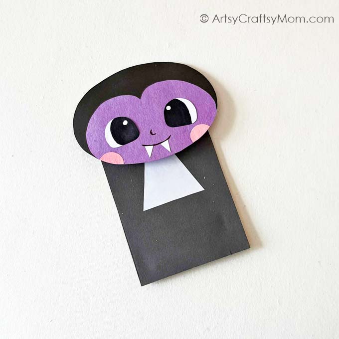 This Adorable Paper Bag Dracula Puppet Craft is a great addition to your collection of Halloween bookmarks to perk up your reading this season!