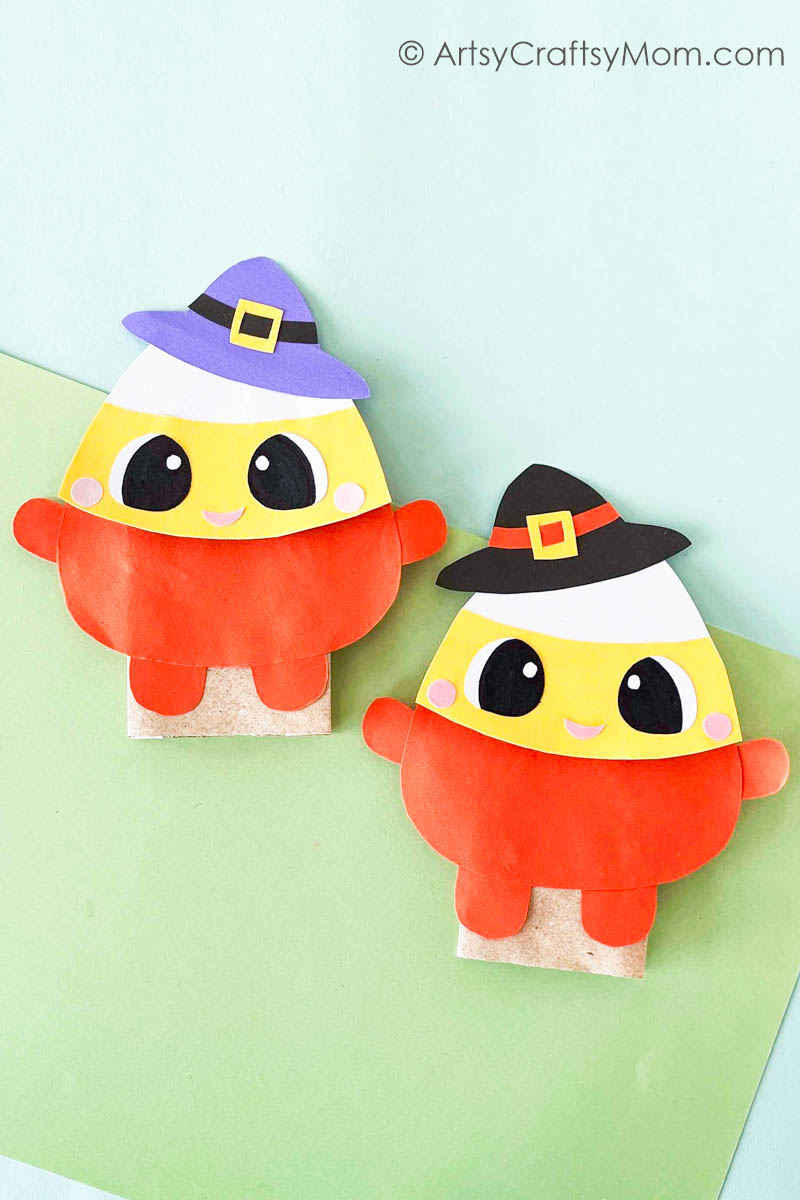 This cute little Paper Bag Candy Corn Puppet Craft is just what you need to add some color to your Halloween puppet show; & they're easy to make!