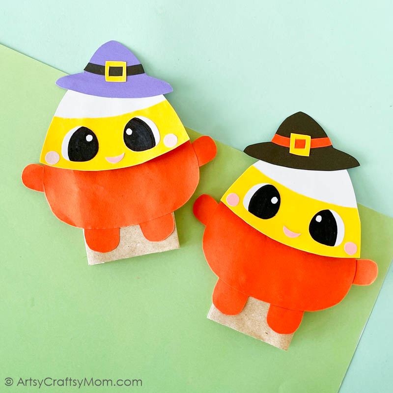 This cute little Paper Bag Candy Corn Puppet Craft is just what you need to add some color to your Halloween puppet show; & they're easy to make!