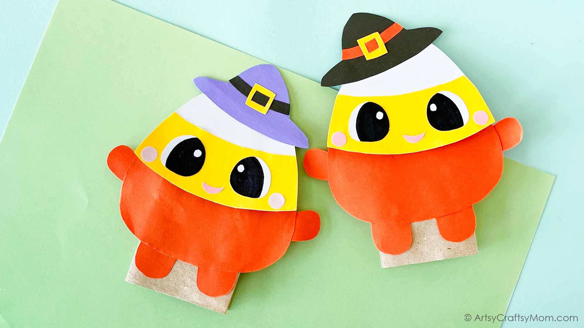This cute little Paper Bag Candy Corn Puppet Craft is just what you need to add some color to your Halloween puppet show; & they're easy to make!