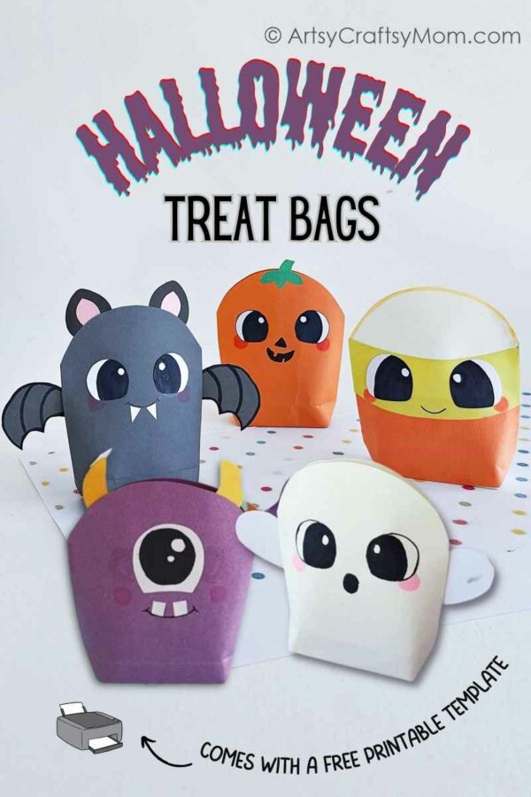 Make these Cute DIY Halloween Treat Bags for your trick-o-treating this Halloween! Choose from a Jack-o-Lantern, bat, ghost or one-eyed monster!