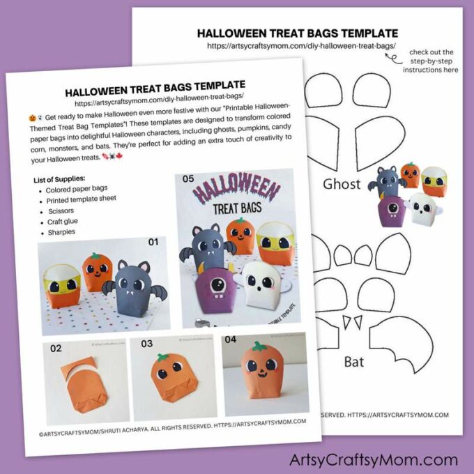 Make these Cute DIY Halloween Treat Bags for your trick-o-treating this Halloween! Choose from a Jack-o-Lantern, bat, ghost or one-eyed monster!