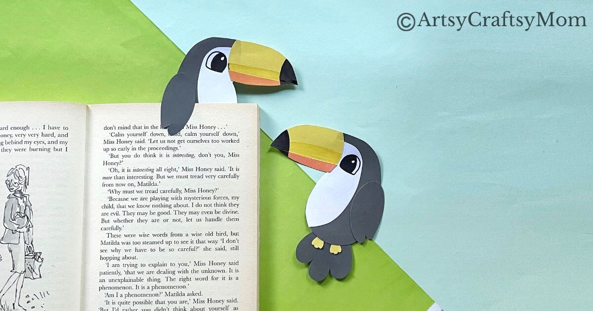 Here's a fun and easy toucan bookmark craft for kids of all ages to try! All you need are basic supplies like craft papers, scissors, glue & Sharpies!