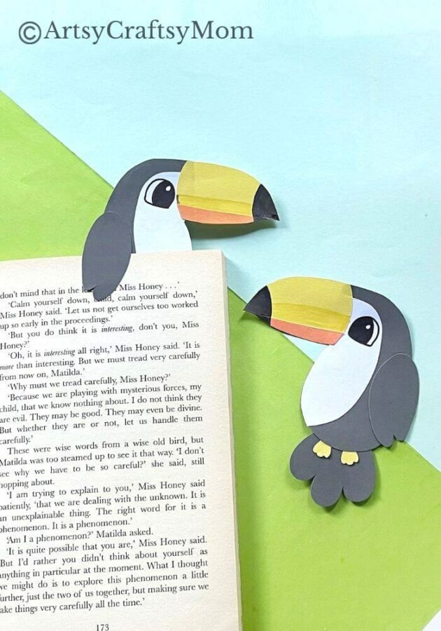Here's a fun and easy toucan bookmark craft for kids of all ages to try! All you need are basic supplies like craft papers, scissors, glue & Sharpies!