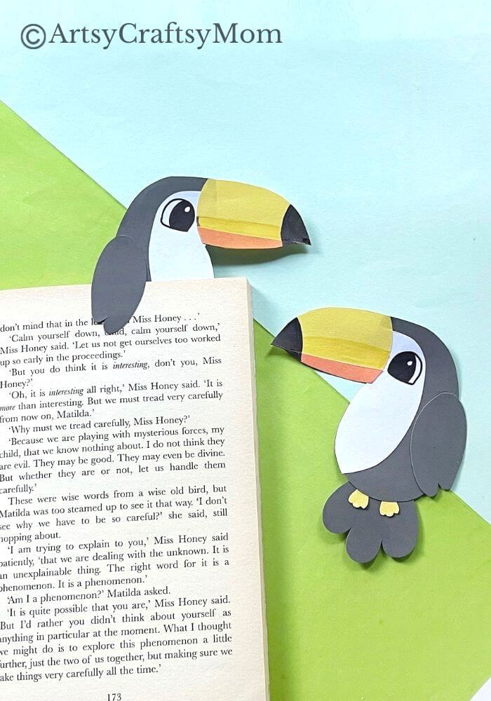 Here's a fun and easy toucan bookmark craft for kids of all ages to try! All you need are basic supplies like craft papers, scissors, glue & Sharpies!