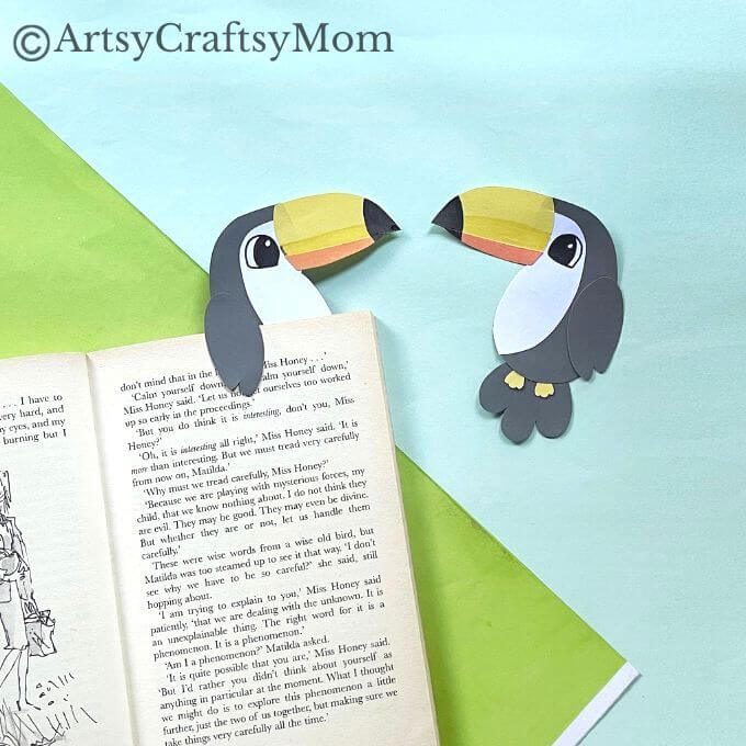 Here's a fun and easy toucan bookmark craft for kids of all ages to try! All you need are basic supplies like craft papers, scissors, glue & Sharpies!