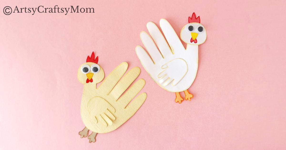 Here's a cute little handprint chicken craft that's super easy to make! Perfect for learning about farm life, domestic birds or about the letter C!