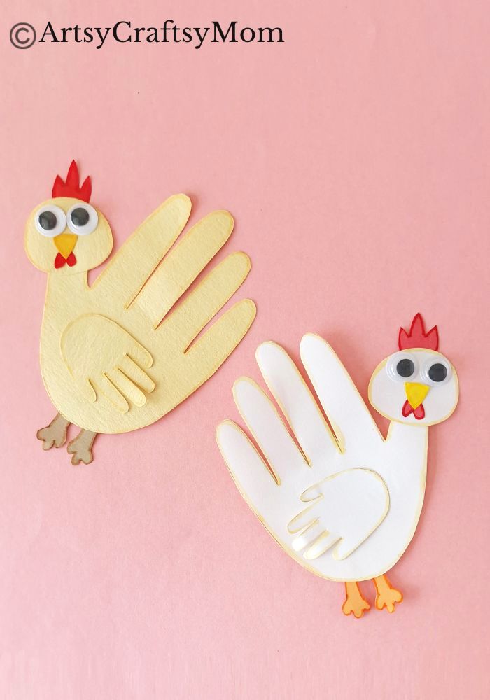 Here's a cute little handprint chicken craft that's super easy to make! Perfect for learning about farm life, domestic birds or about the letter C!