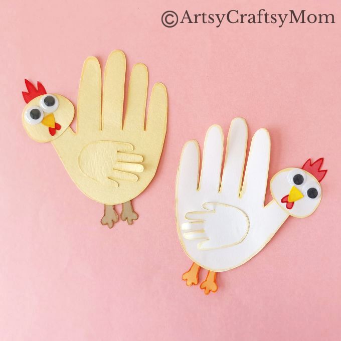 Here's a cute little handprint chicken craft that's super easy to make! Perfect for learning about farm life, domestic birds or about the letter C!