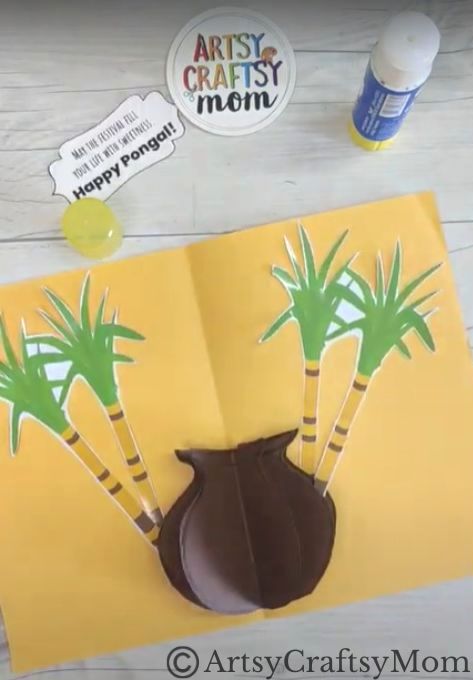 Here's an easy DIY 3D Popup Card for Pongal that kids can make by themselves! Features a Pongal pot with overflowing rice and bamboo decor!