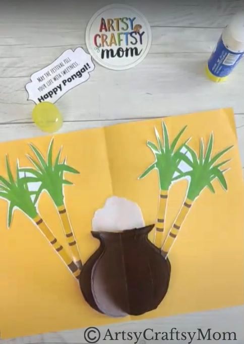 Here's an easy DIY 3D Popup Card for Pongal that kids can make by themselves! Features a Pongal pot with overflowing rice and bamboo decor!