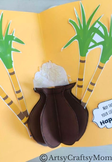 Here's an easy DIY 3D Popup Card for Pongal that kids can make by themselves! Features a Pongal pot with overflowing rice and bamboo decor!