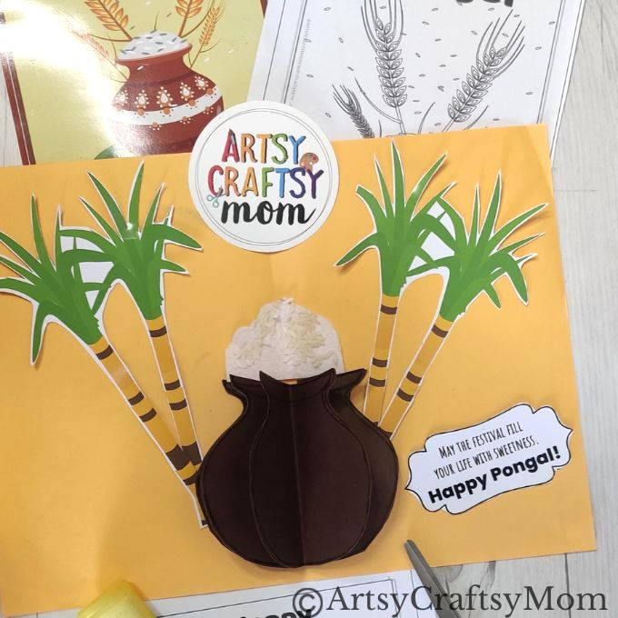 Here's an easy DIY 3D Popup Card for Pongal that kids can make by themselves! Features a Pongal pot with overflowing rice and bamboo decor!