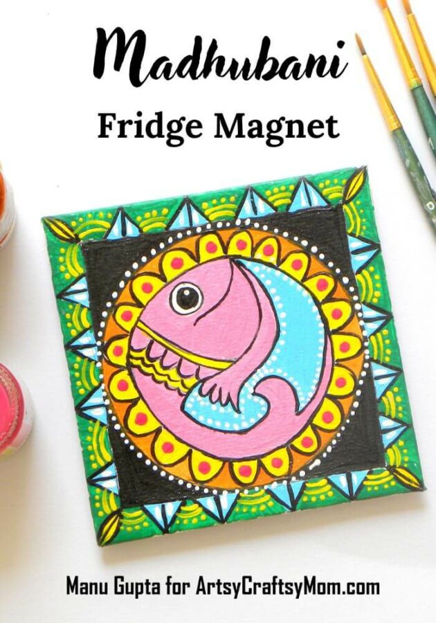 Celebrate the Indian art form of Madhubani with a gorgeous DIY Madhubani folk art fridge magnet! A great project to introduce kids to Indian folk art.