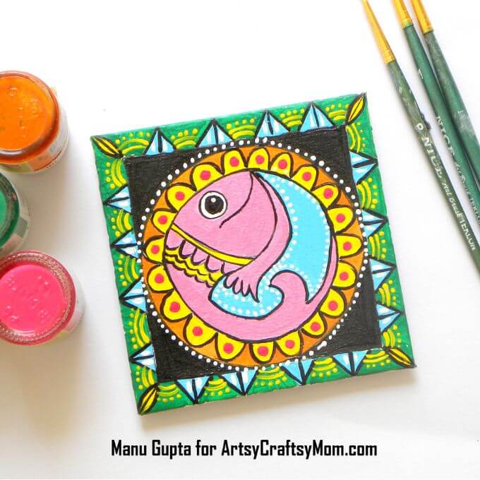 Celebrate the Indian art form of Madhubani with a gorgeous DIY Madhubani folk art fridge magnet! A great project to introduce kids to Indian folk art.