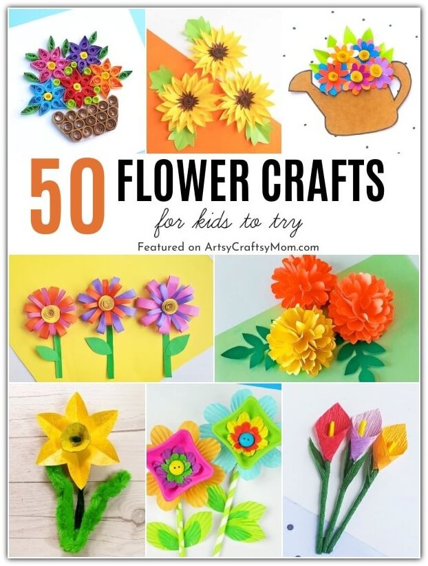 Here are some gorgeous Flower Crafts for Kids that are perfect for Summer-&nbsp; tissue paper cherry blossoms, lilies, sunflowers, heliconias and more!